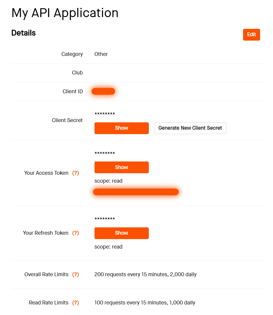 Strava API settings